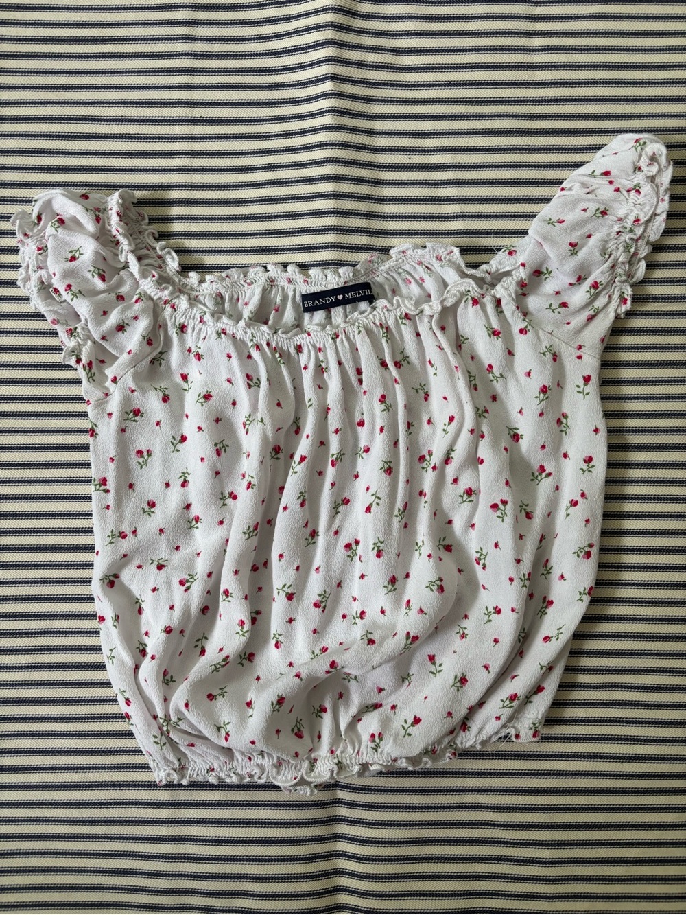 Brandy Melville White Floral Smocked Off-Shoulder Top